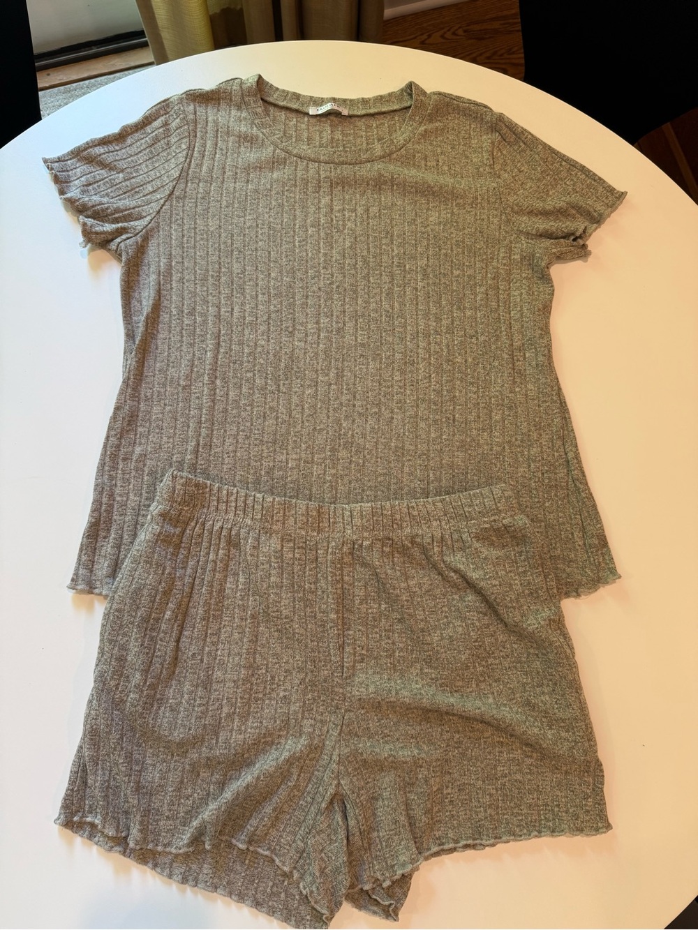 Ribbed Short Sleeve Top & Shorts PJ Set — Heathered Taupe
